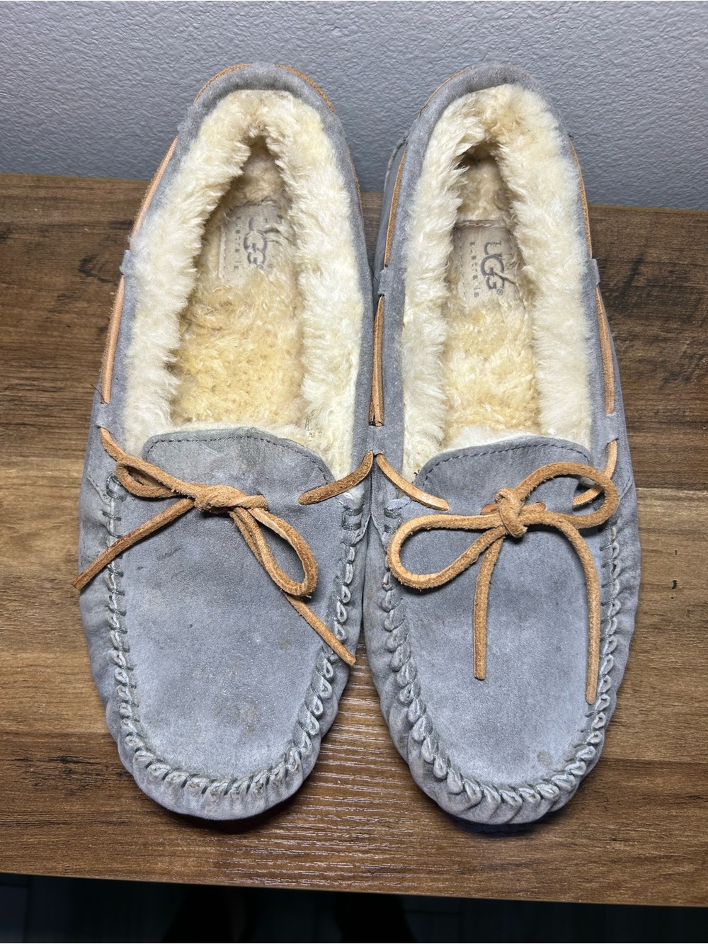 UGG Gray Suede Shearling Moccasin Slippers with Tan Laces